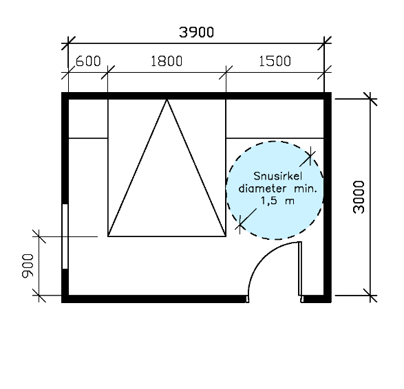 Plantegning som viser parsengsoverom på 3x3,9 meter med snusirkel