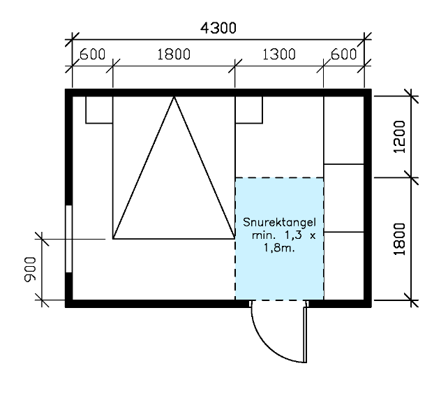 Plantegning som viser parsengsoverom på 3x4,3 meter med snurektangel