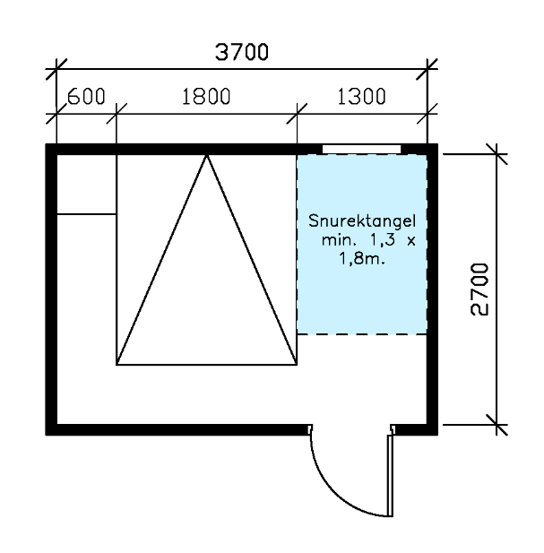 Plantegning som viser parsengsoverom på 2,7x3,7 meter med snurektangel