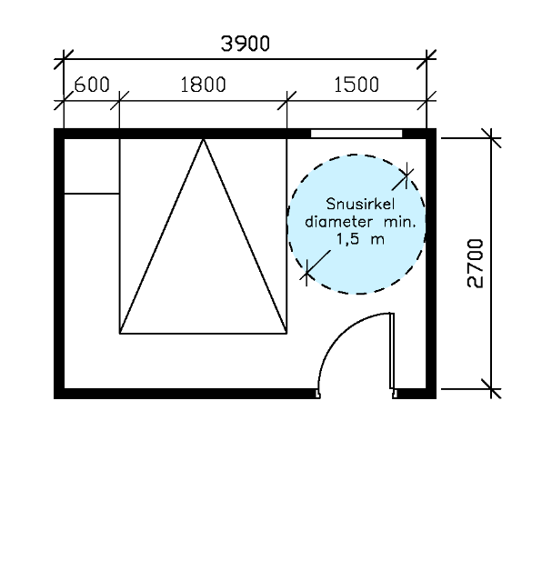 Plantegning som viser parsengsoverom på 2,7x3,9 meter med snusirkel