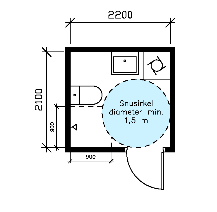 Plantegning som viser eksempel på bad på 2,1x2,2 meter med snusirkel