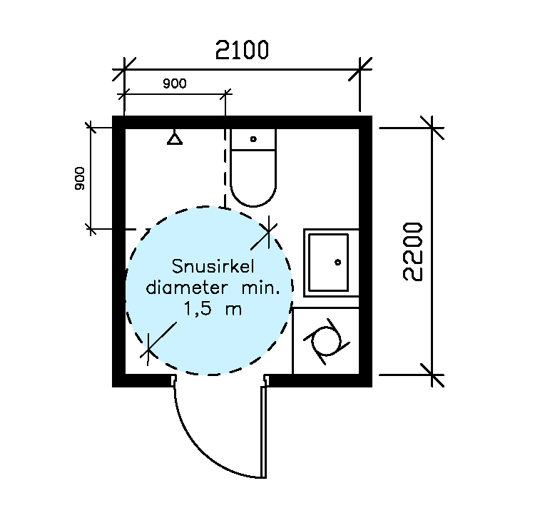 Plantegning som viser eksempel på bad på 2,2x2,1 meter med snusirkel