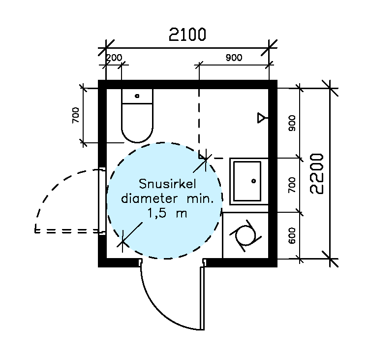 Plantegning som viser eksempel på bad på 2,1x2,2 meter med snusirkel og to dører