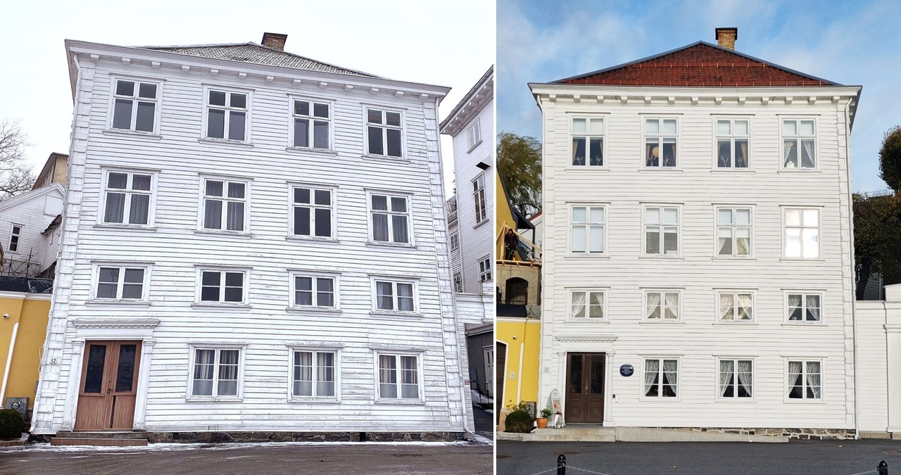 Fasade før og etter renovering. Hvitt bygg, fire etasjer, fire vinduer i hver etasje, inngangsdør nede til venstre, rødt tak. Fotomontasje.