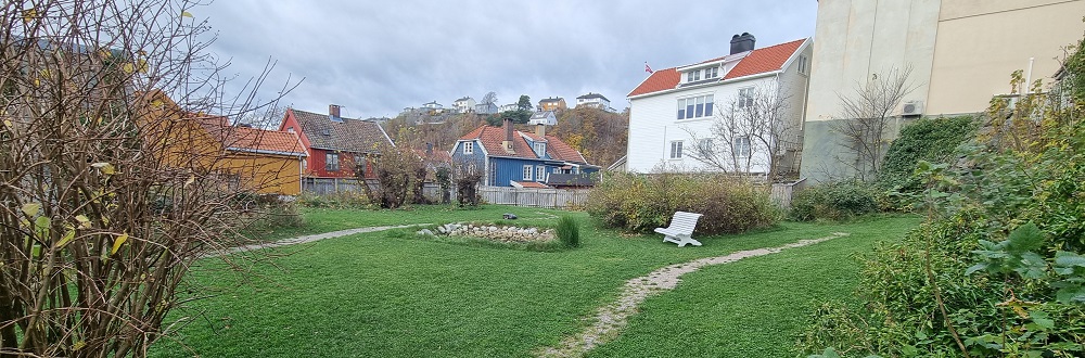 Bakgårdshagen sett fra Lassens hus mot nabohusene. Store, grønne gressområder, andedam, en hvit benk og prydbusker. Skyet himmel. Foto.