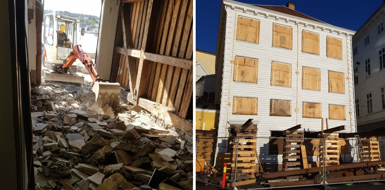 En minigraver graver i første etasje før pæling. Bygget er jekket opp med dragere ut fra vinduene i første etasje før pæling. Fotomontasje.