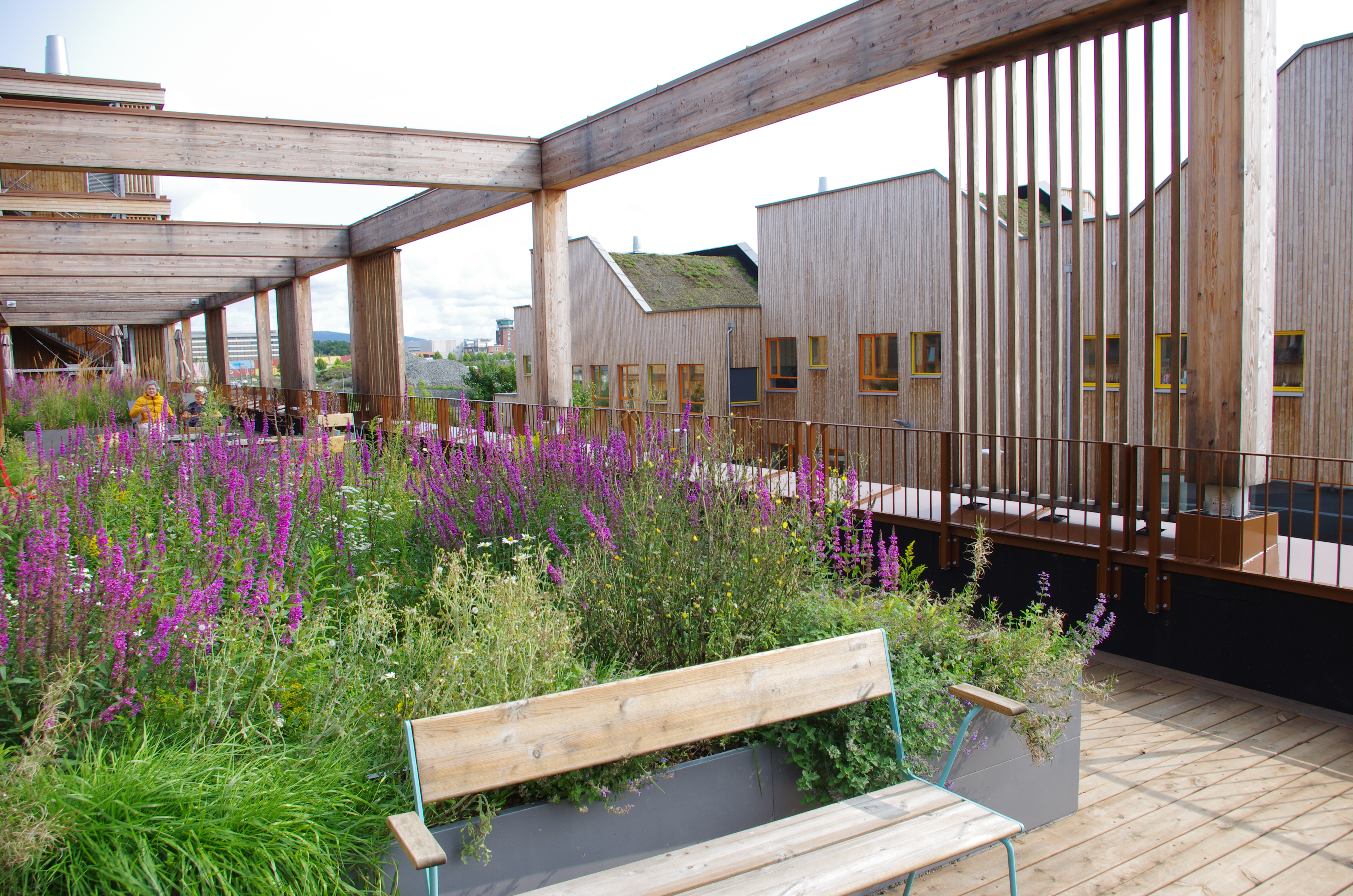 Takterrasse med blomsterbed og sittegruppe.Foto.