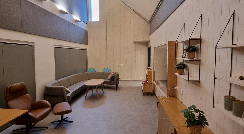 Lys fellesstove med tv, sofa, bøker og høgt under skråtaket. Foto. 