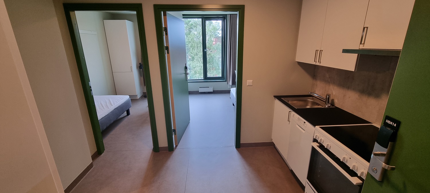 Parleilighet sett fra døra. Hvitt kjøkken til høyre, to rom rett fram. Foto. 