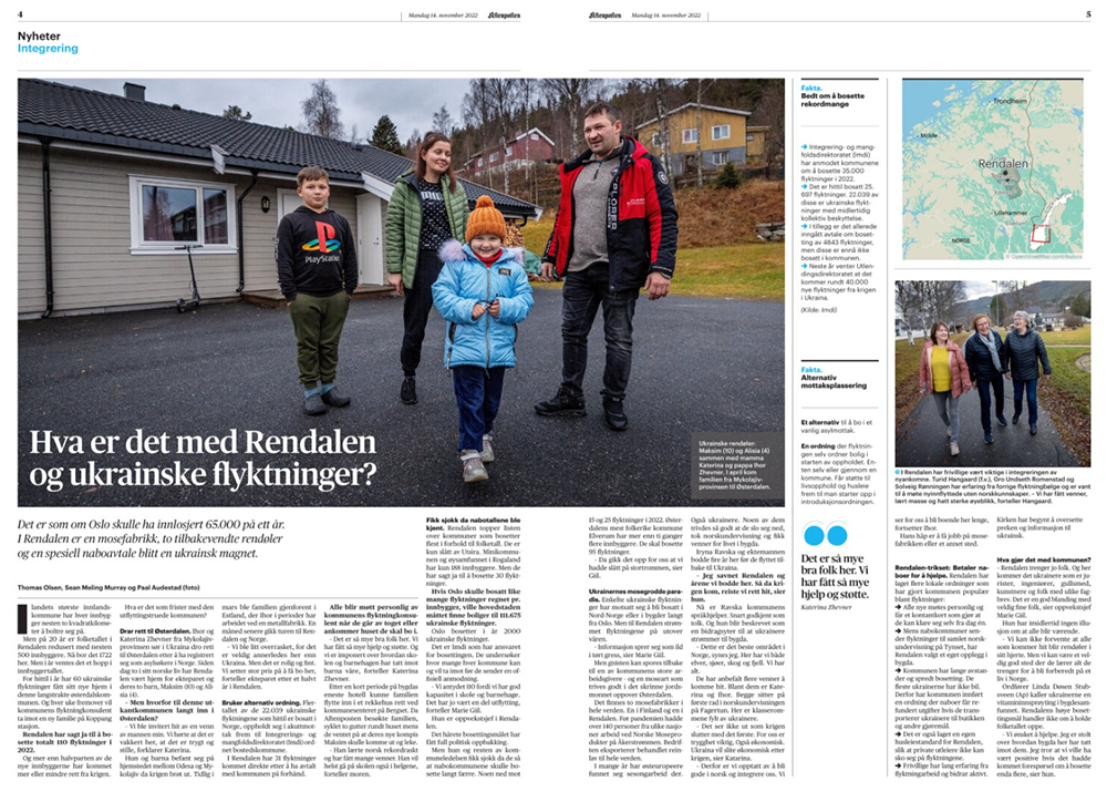 Faksimile fra artikkel i Aftenposten om flyktninger i Rendalen, 4. november 2022.