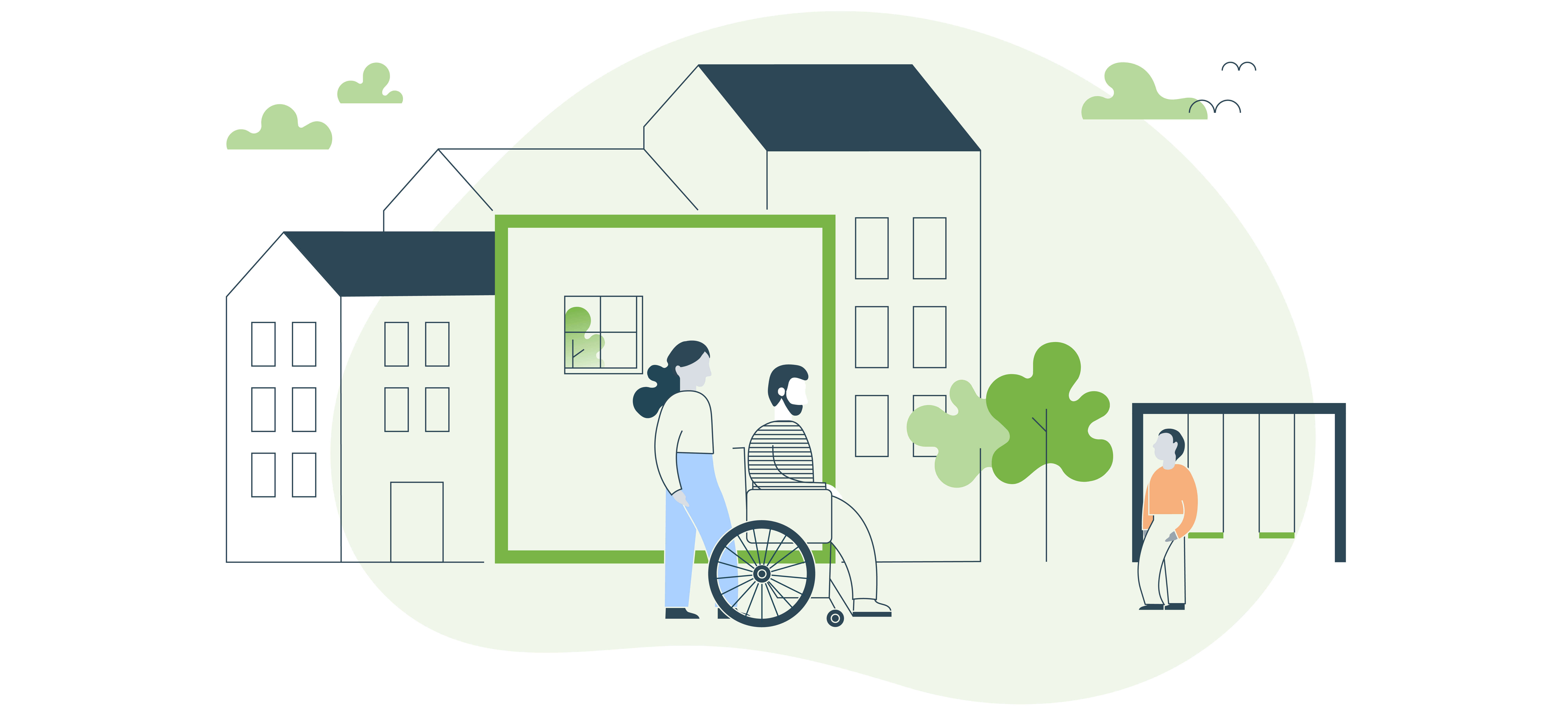 Mennesker foran hus. Illustrasjon.