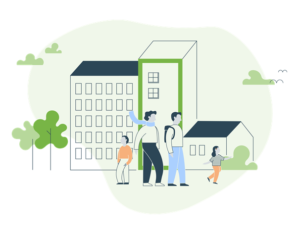 Barn og voksne foran en to boligblokker og en enebolig. Illustrasjon.