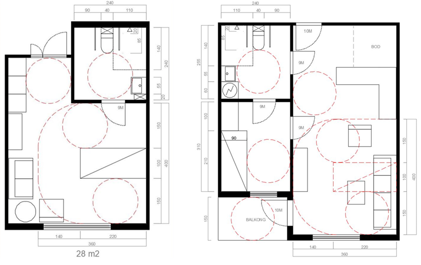 To plantegninger av rom. Den første viser et rom med plass til seng og med eget bad. Den andre tegningen viser stue og kjøkken i samme rom, soverom og bad. 