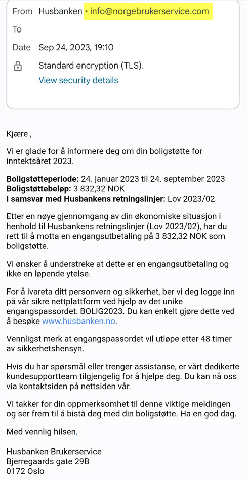 Et skjermbilde av en mobilskjerm som viser en e-post som er et forsøk på svindel. Avsenderadressen er fremhevet, den er ikke fra Husbanken.